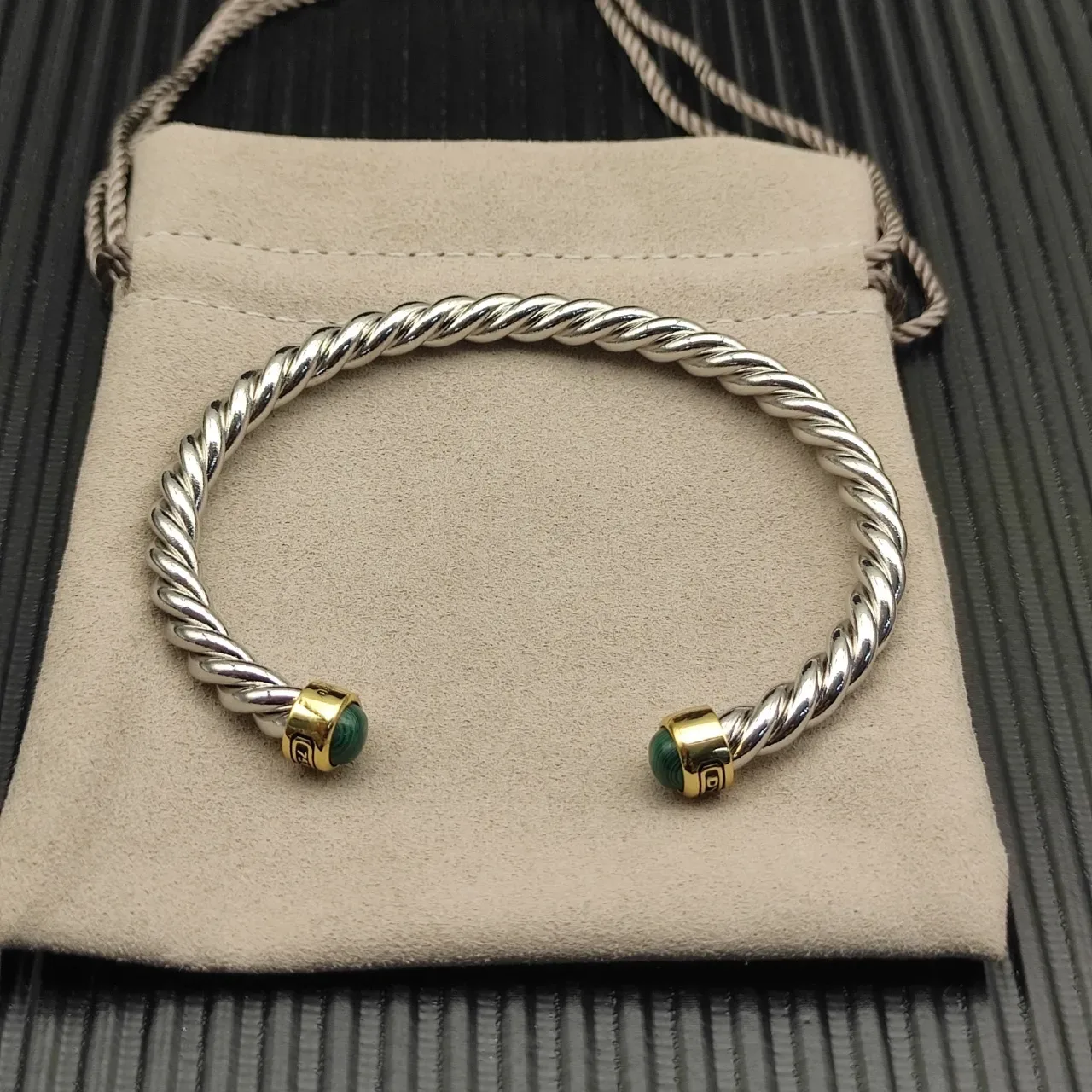 David Yurman Cable Classics Silver Green Twisted Two-Tone Metal Bracelet 7