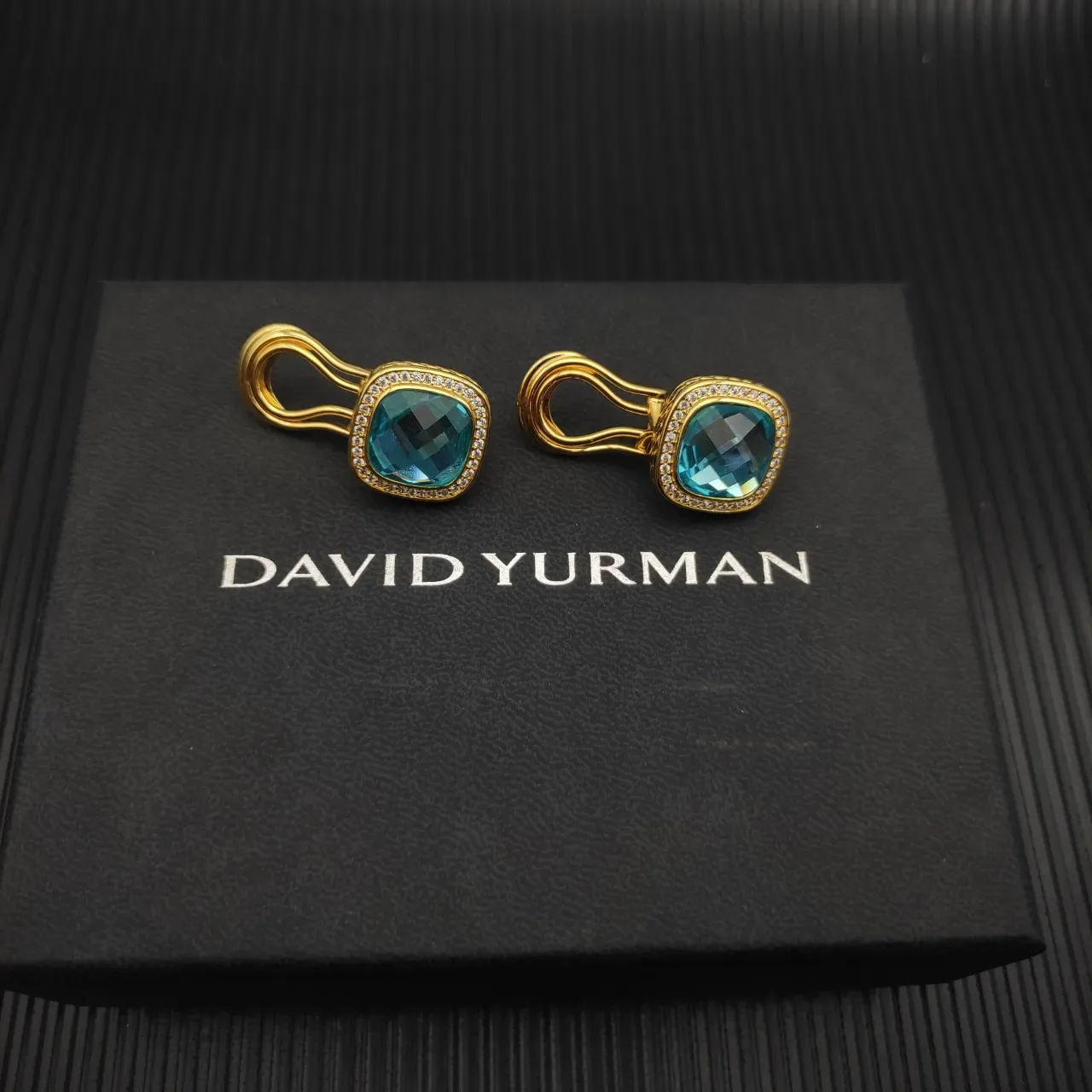 David Yurman Cushion-Cut Blue Gemstone Pavé Halo Clip-On Earrings 8