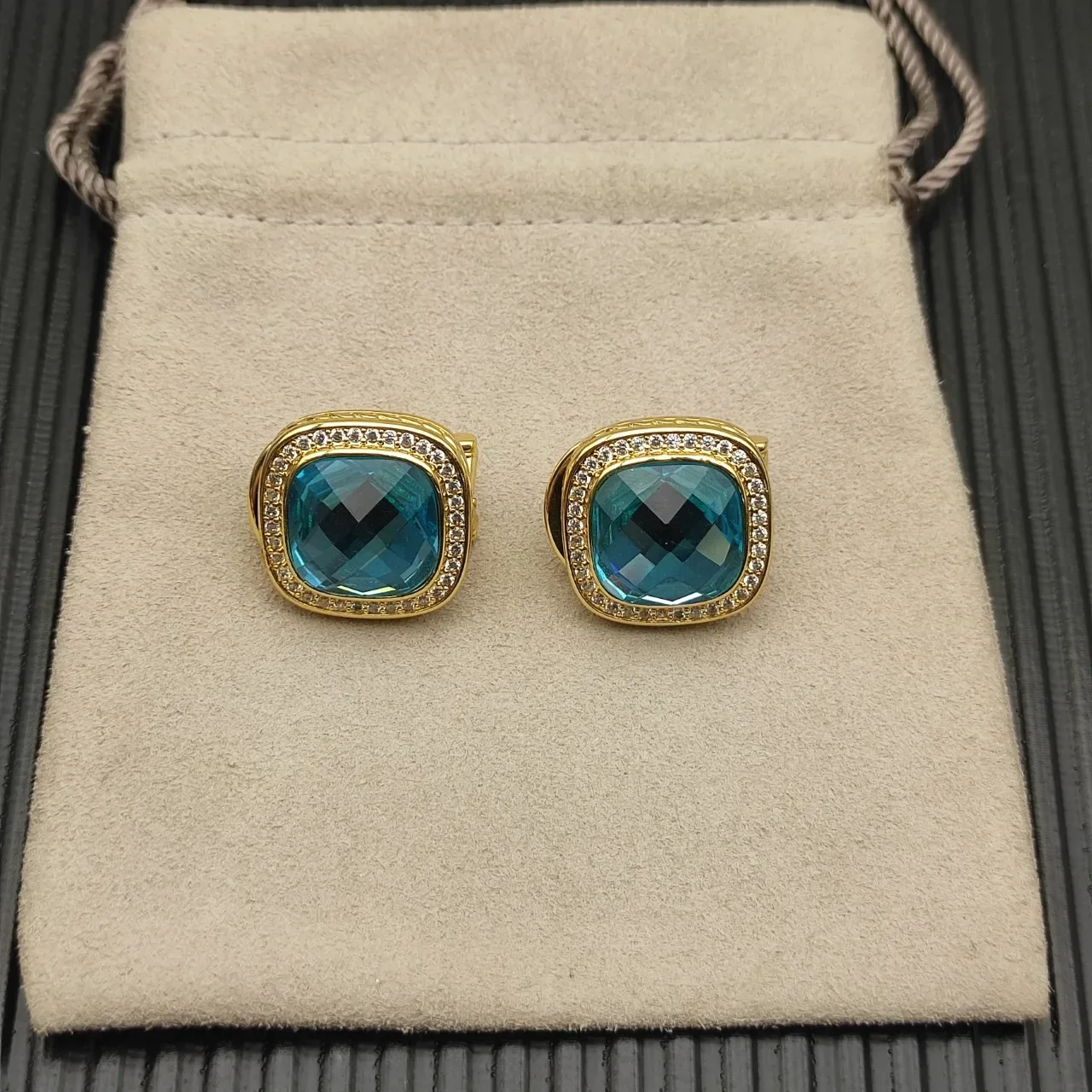 David Yurman Cushion-Cut Blue Gemstone Pavé Halo Clip-On Earrings 11