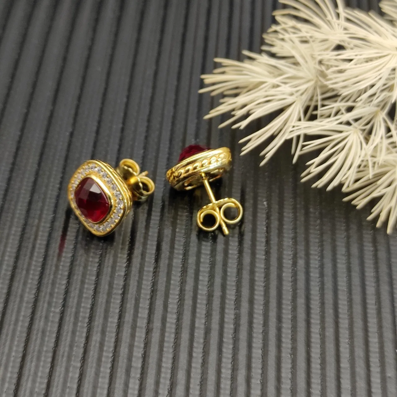 David Yurman Gold-Tone Red Gemstone Pavé Halo Stud Earrings 5