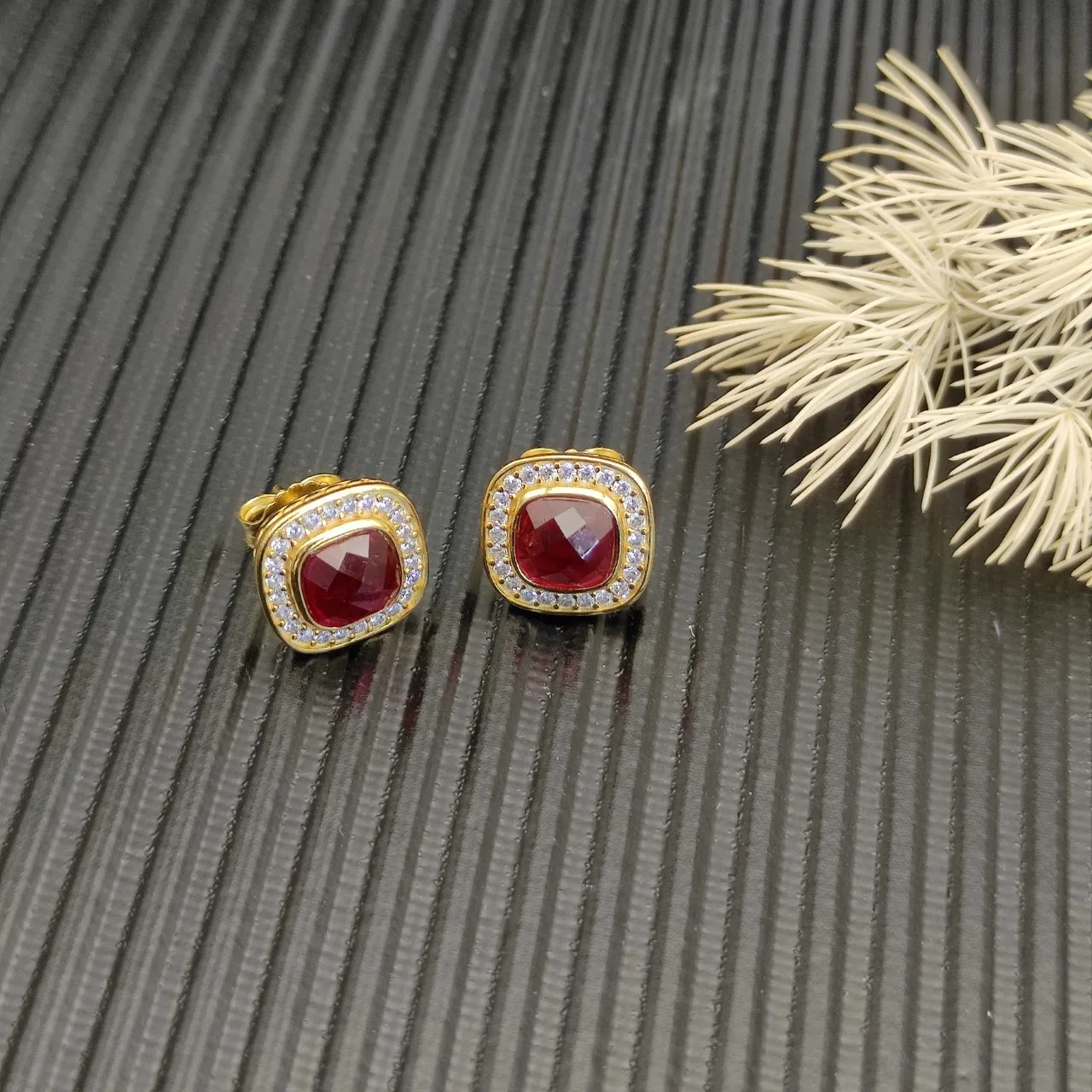 David Yurman Gold-Tone Red Gemstone Pavé Halo Stud Earrings 6