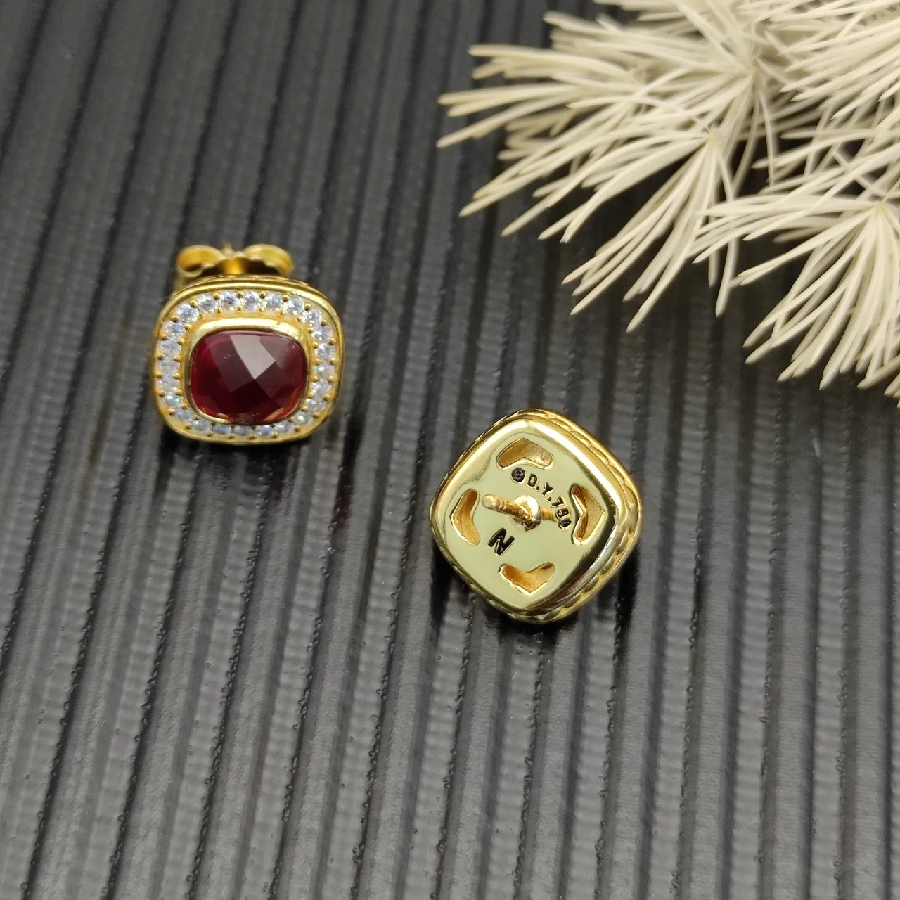 David Yurman Gold-Tone Red Gemstone Pavé Halo Stud Earrings 7