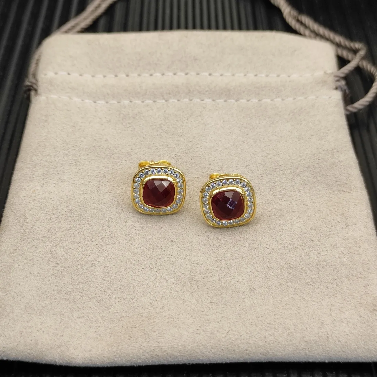 David Yurman Gold-Tone Red Gemstone Pavé Halo Stud Earrings 9