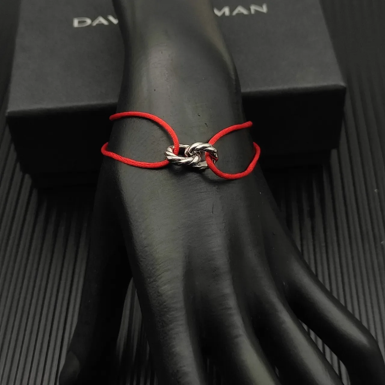 David Yurman Infinity Knot Red Silver Silk-Like Cord Polished Charm Bracelet 7