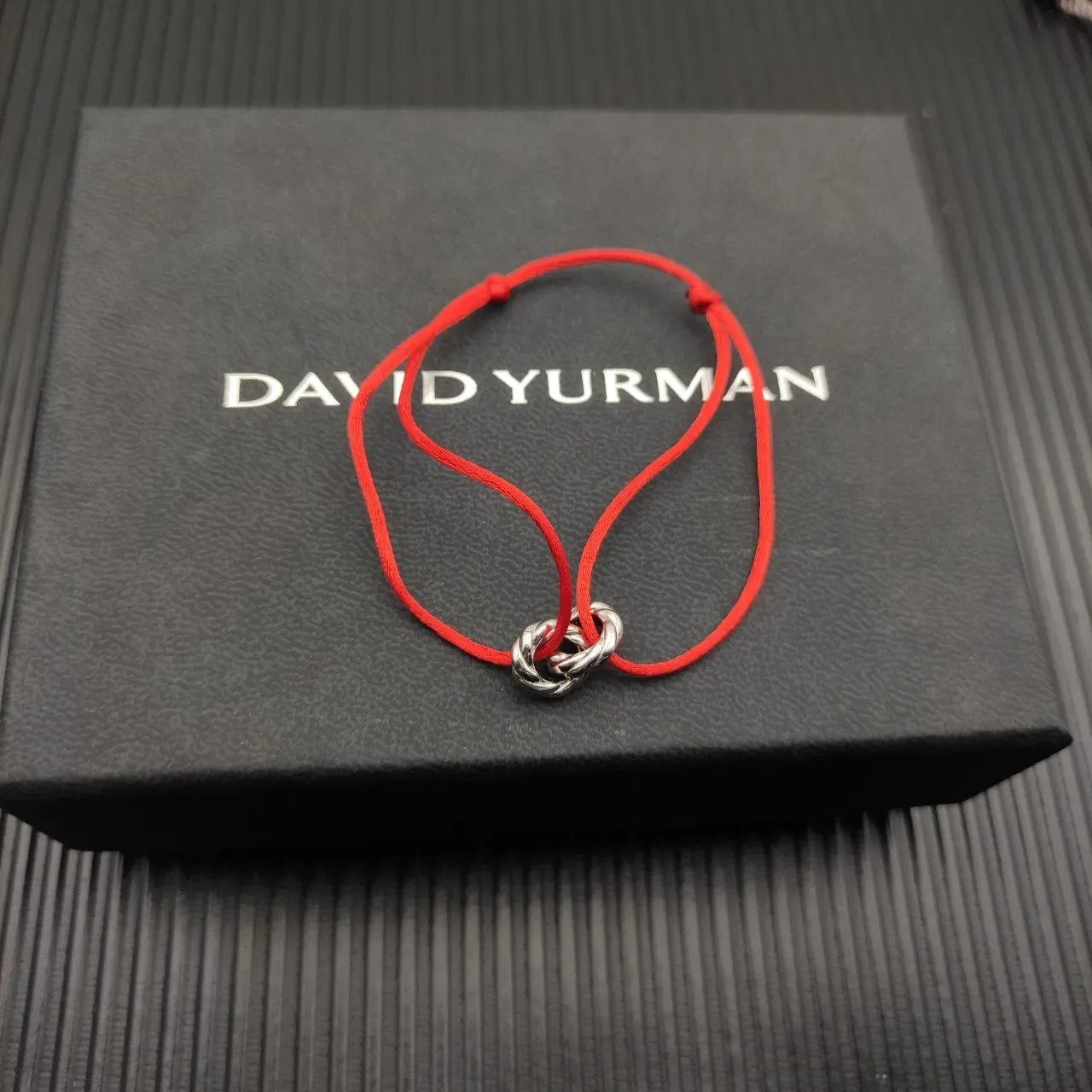 David Yurman Infinity Knot Red Silver Silk-Like Cord Polished Charm Bracelet 8