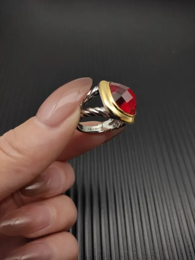 David Yurman Red Gold Cushion-Cut Gemstone Two-Tone Metal Setting Ring 6