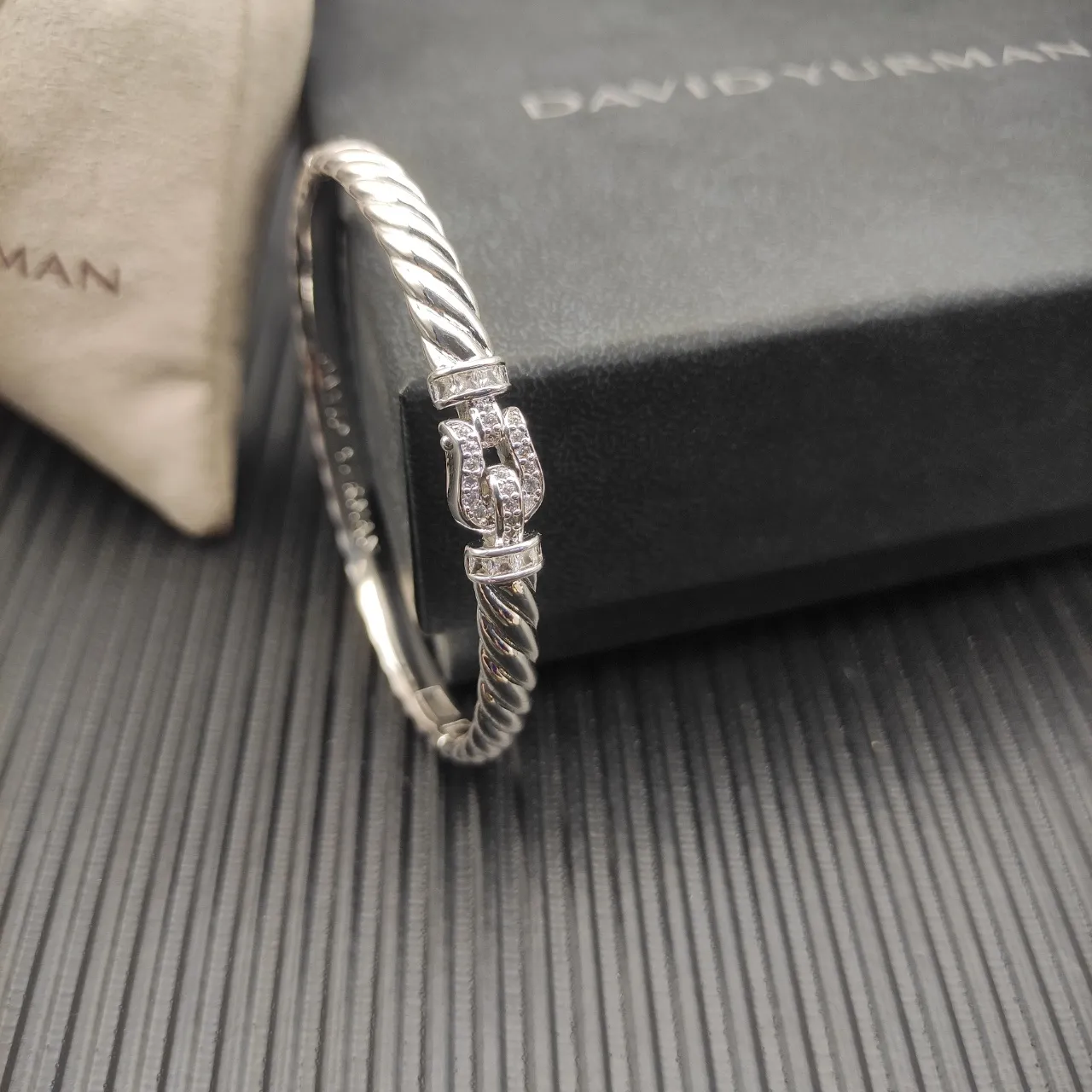 David Yurman Silver White Twisted Cable Pavé Diamond Buckle Bracelet 6