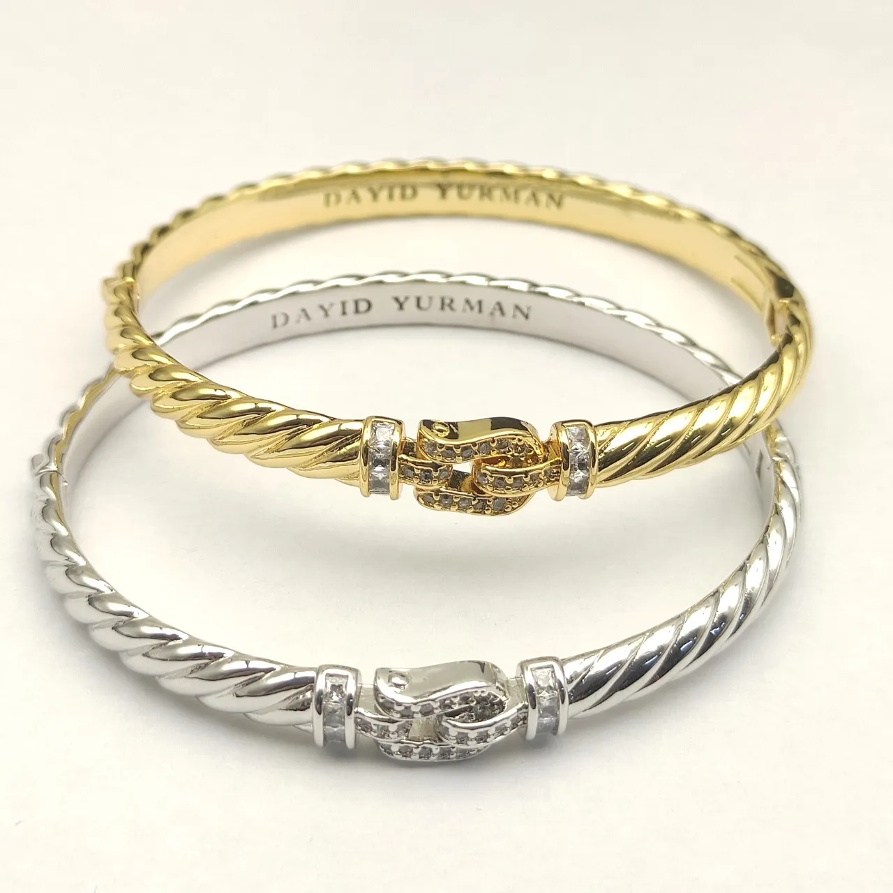 David Yurman Silver White Twisted Cable Pavé Diamond Buckle Bracelet 7