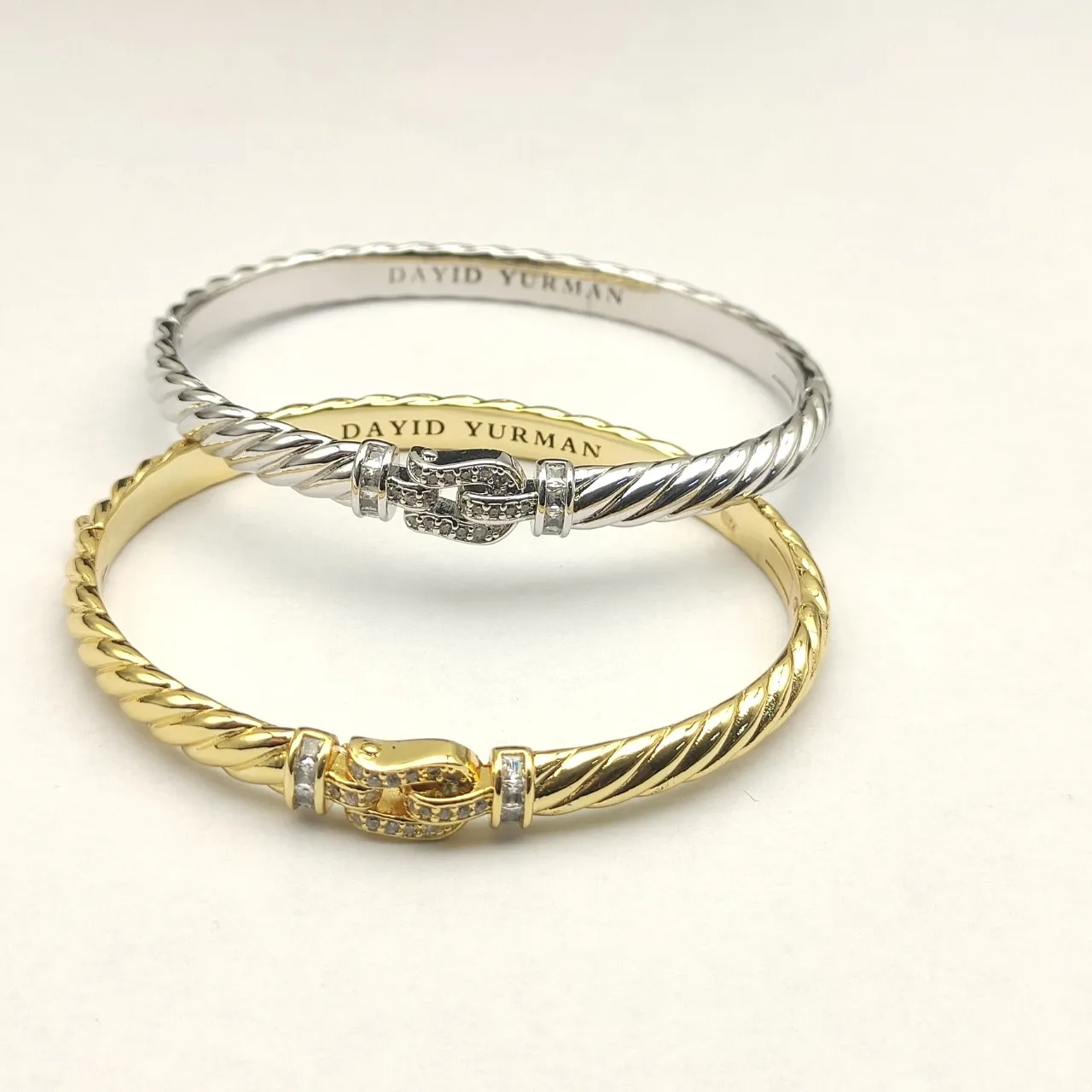 David Yurman Silver White Twisted Cable Pavé Diamond Buckle Bracelet 9