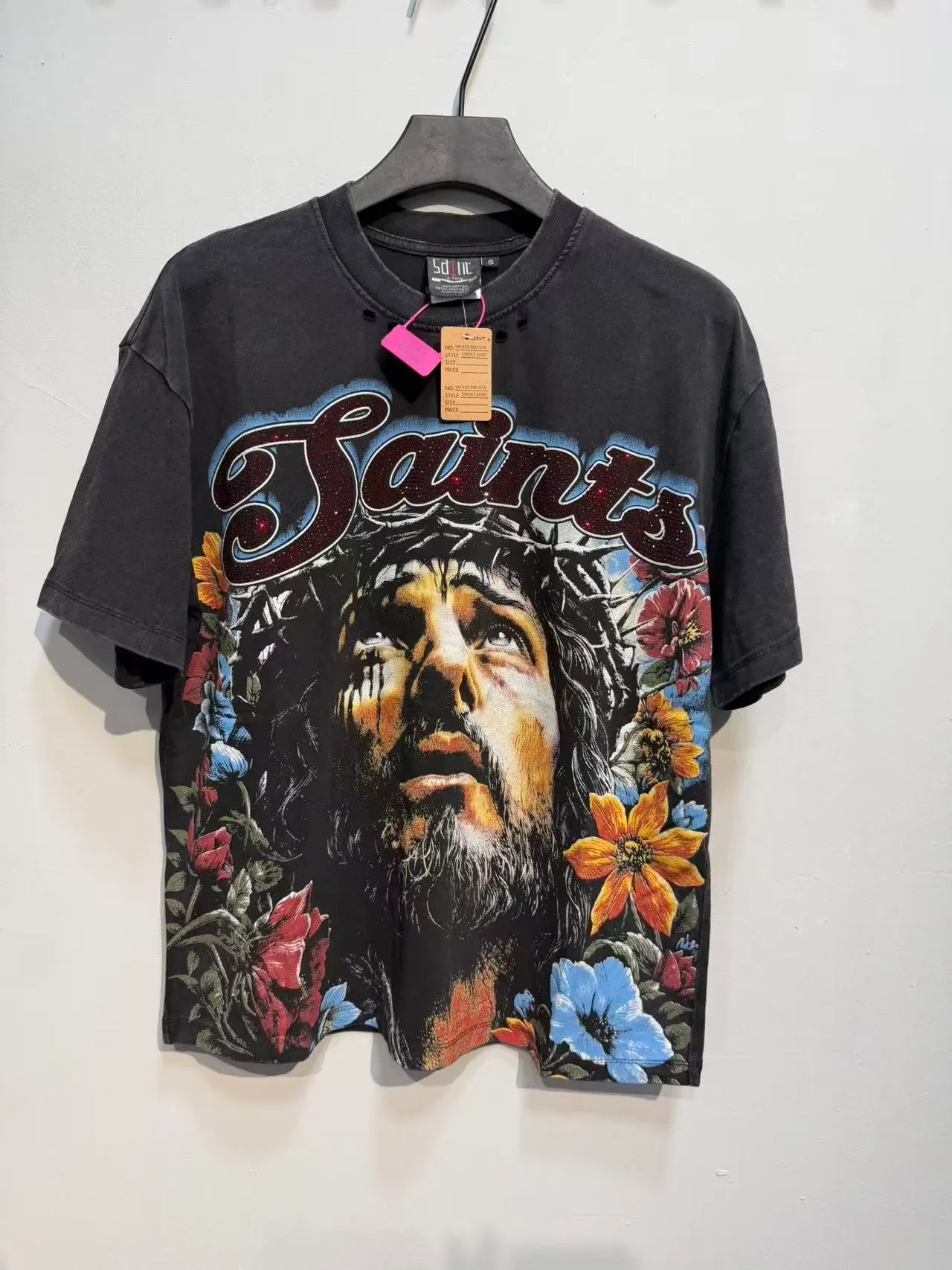 Distressed Black Graphic Front and Back Crown of Thorns Floral T-Shirt 2