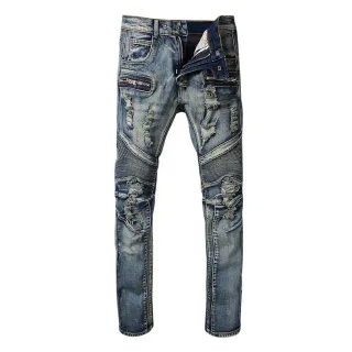 Distressed Moto-Panelled Zip-Pocket Blue Jeans