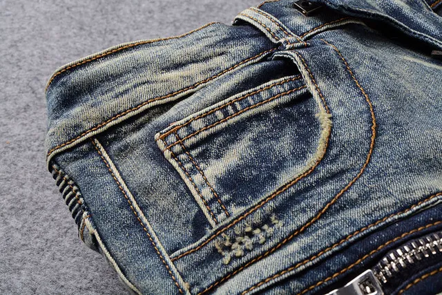 Jeans bleus distressed moto-panelled avec poche zip 11