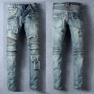 Distressed Patched Moto-Style Blue Denim Jeans