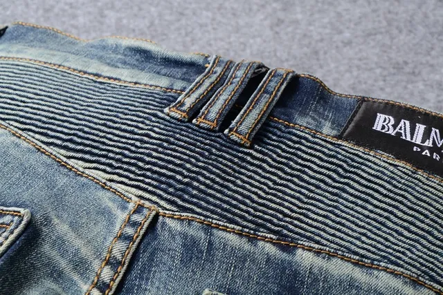 Distressed Patched Moto-Style Blue Denim Jeans 4