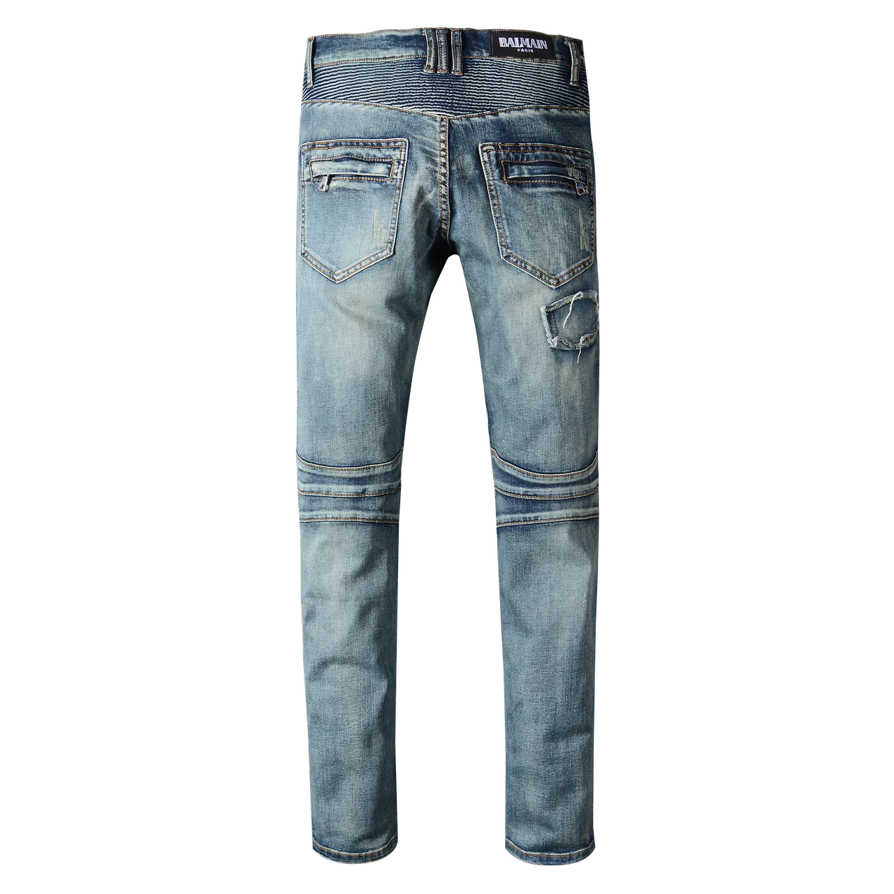 Distressed Patched Moto-Style Blue Denim Jeans 8