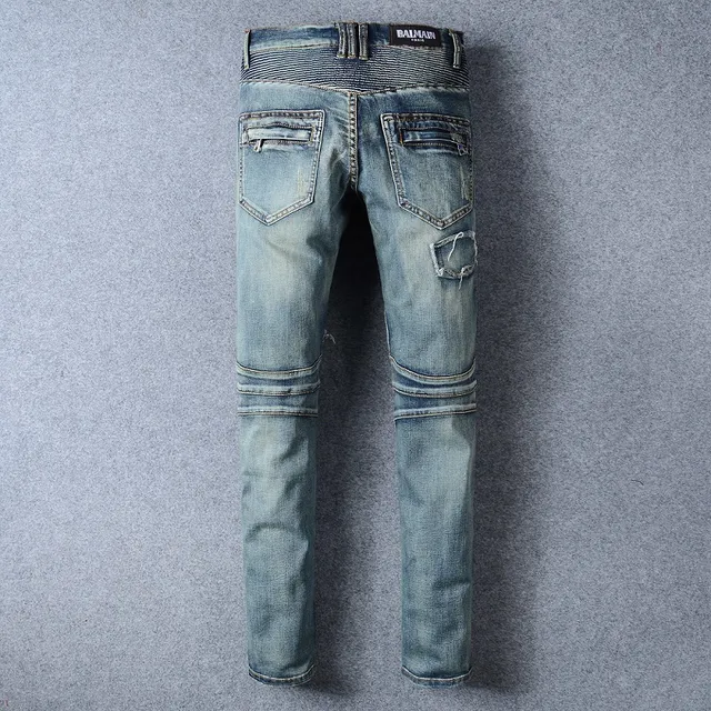 Distressed Patched Moto-Style Blue Denim Jeans 9