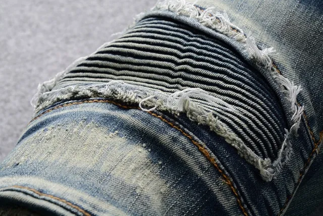 Distressed Patched Moto-Style Blue Denim Jeans 10