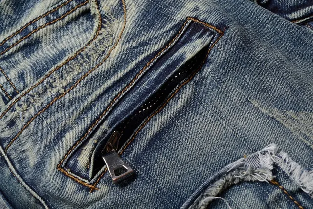Distressed Patched Moto-Style Blue Denim Jeans 11