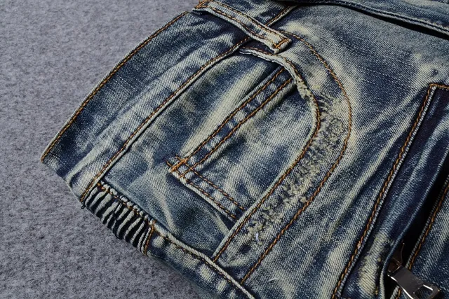 Distressed Patched Moto-Style Blue Denim Jeans 12