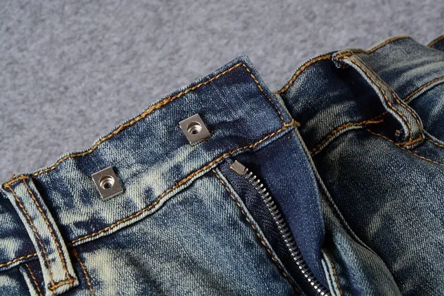 Distressed Patched Moto-Style Blue Denim Jeans 14