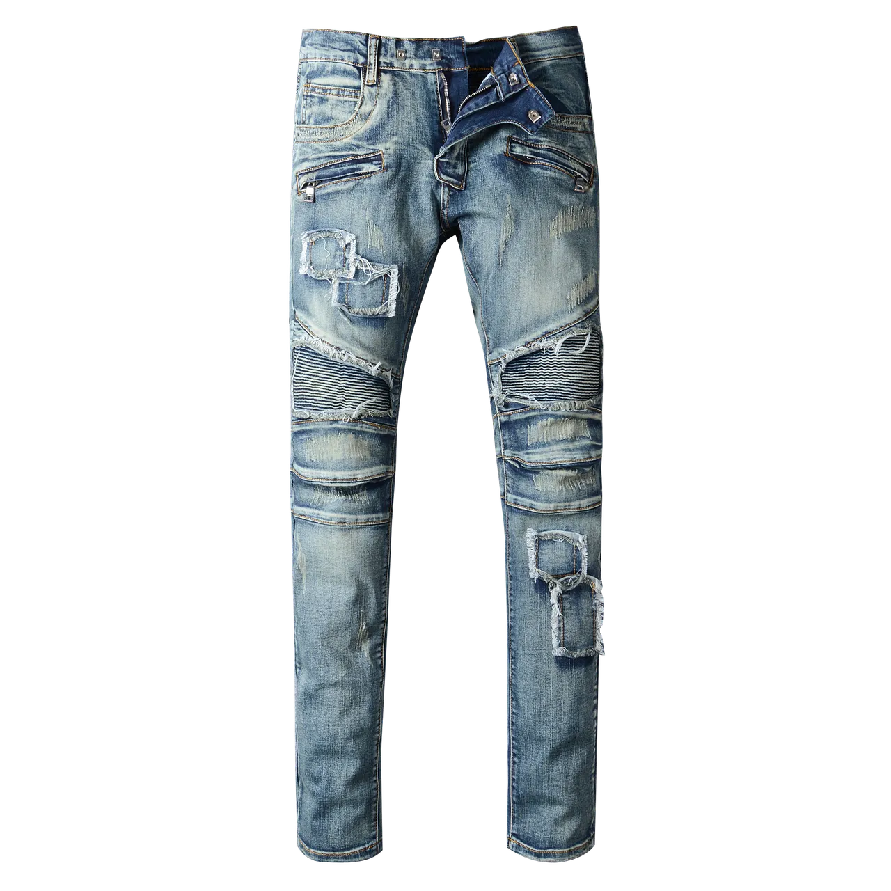 Distressed Patched Moto-Style Blue Denim Jeans 16
