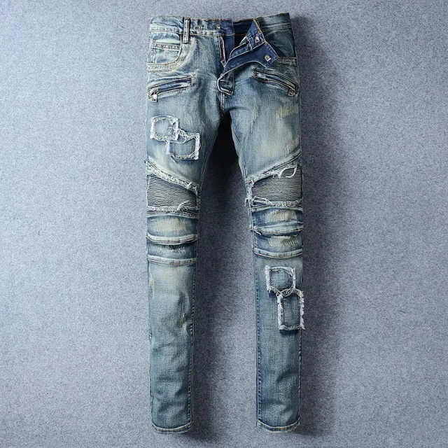 Distressed Patched Moto-Style Blue Denim Jeans 17
