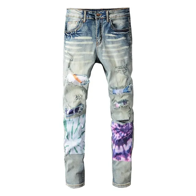 Distressed Patchwork Tie-Dye Panel Jeans 5
