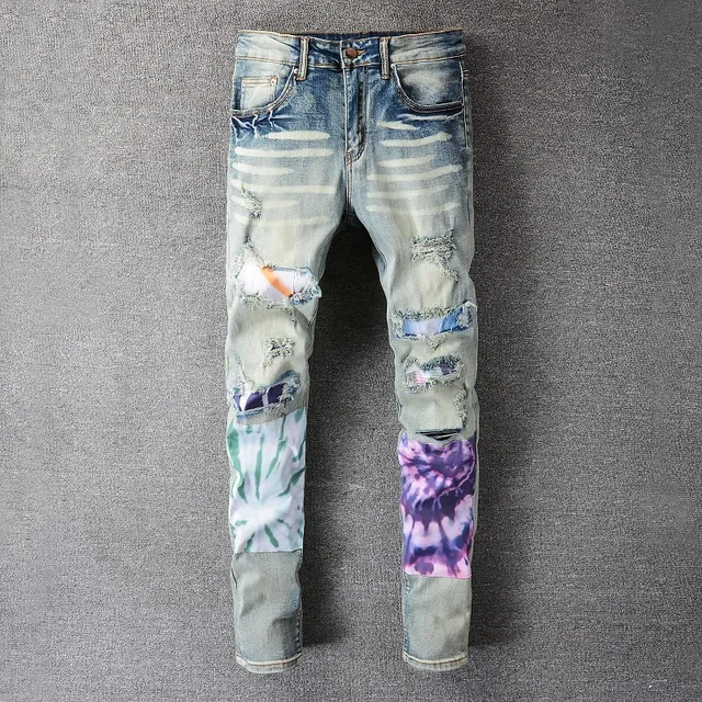 Distressed Patchwork Tie-Dye Panel Jeans 6
