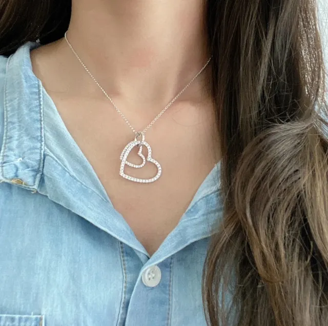 Double Heart Outline Pavé Pendant Necklace 2