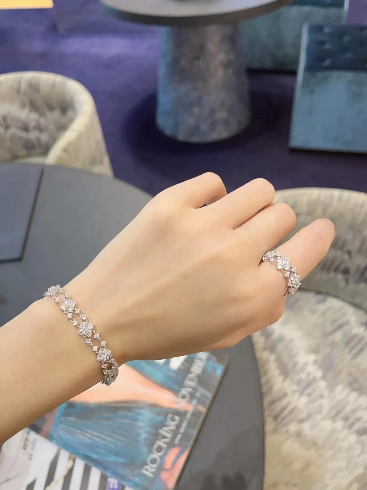 Double-Row Floral Pave-Set Silver-Tone Bracelet 4