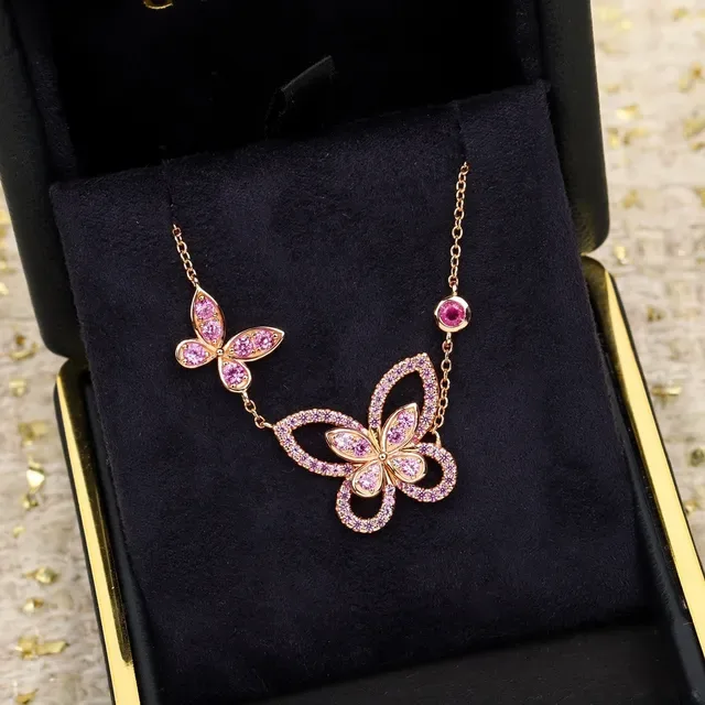 Dual Butterfly Pavé Pink Gemstone Rose-Gold Necklace 5