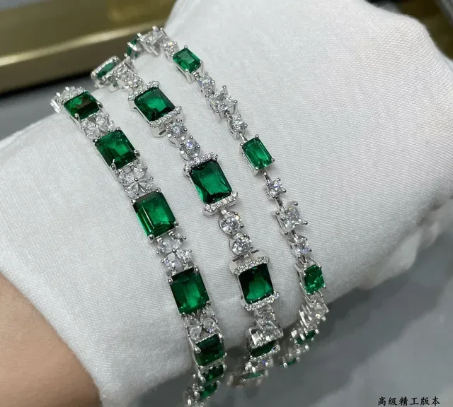 Emerald-Cut Green and Clear Stone Linear Link Bracelet 3