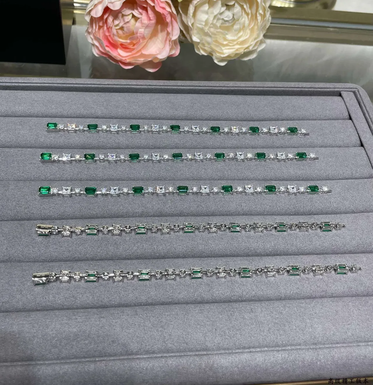Emerald-Cut Green and Clear Stone Linear Link Bracelet 4
