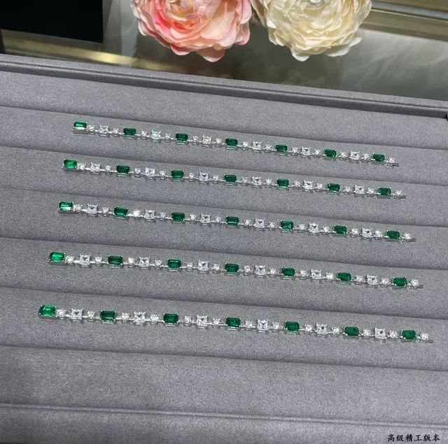 Emerald-Cut Green and Clear Stone Linear Link Bracelet 5