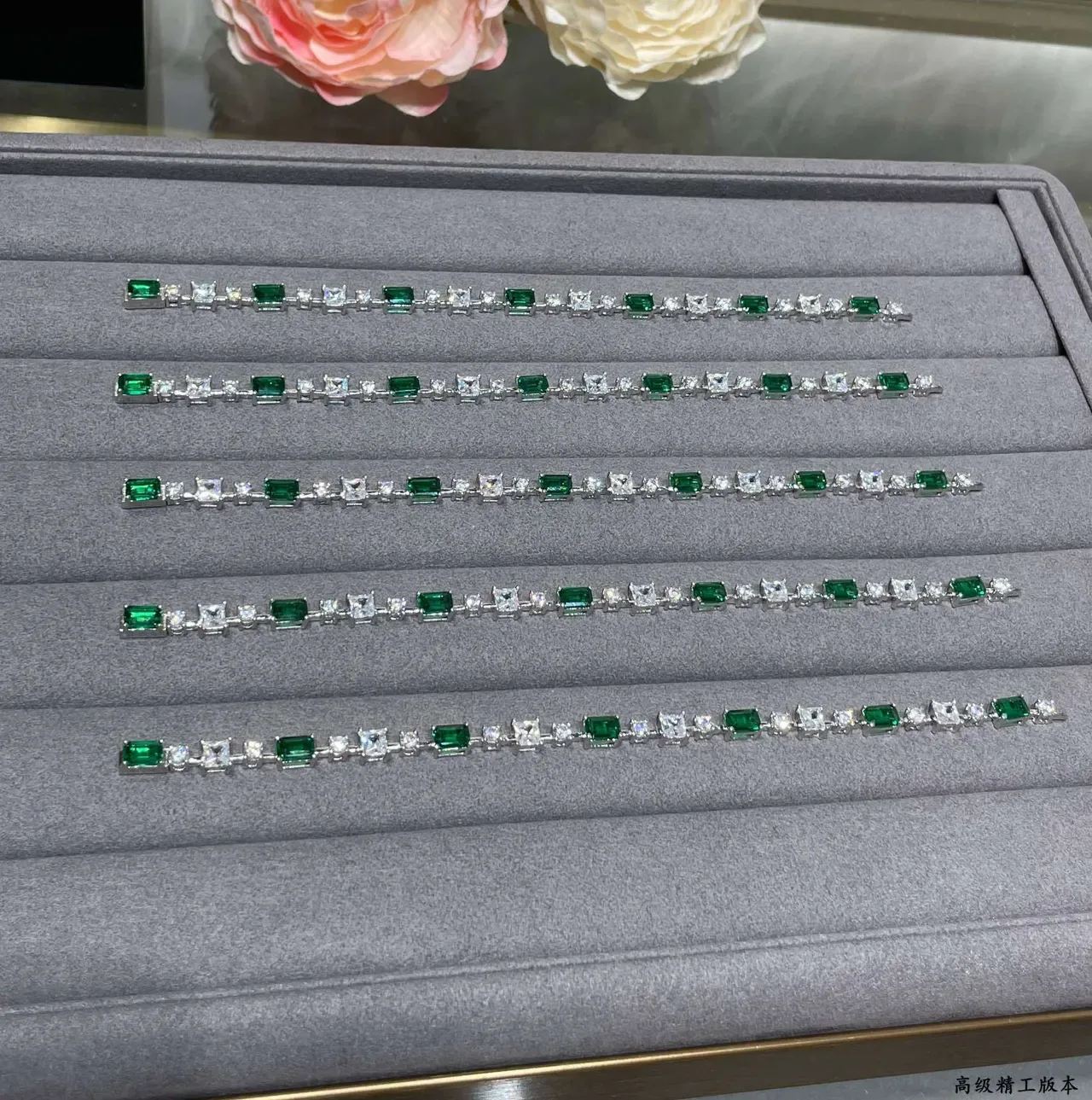 Emerald-Cut Green and Clear Stone Linear Link Bracelet 6