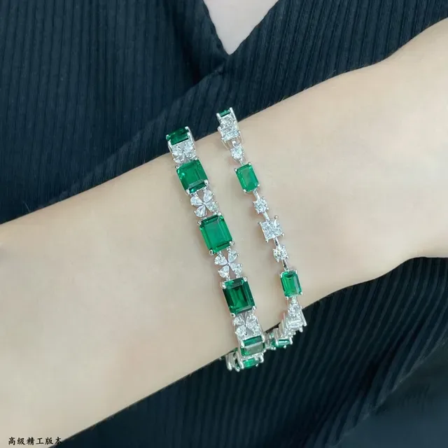 Emerald-Cut Green and Clear Stone Linear Link Bracelet 8