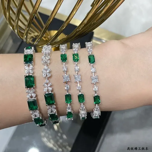 Emerald-Cut Green and Clear Stone Linear Link Bracelet 9