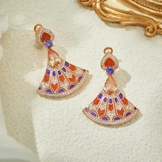 Fan-Shaped Enamel and Gemstone Drop Earrings