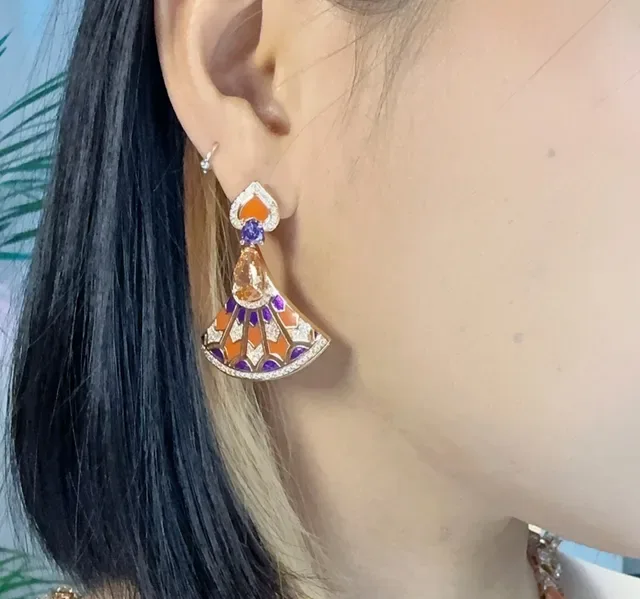 Fan-Shaped Enamel and Gemstone Drop Earrings 5