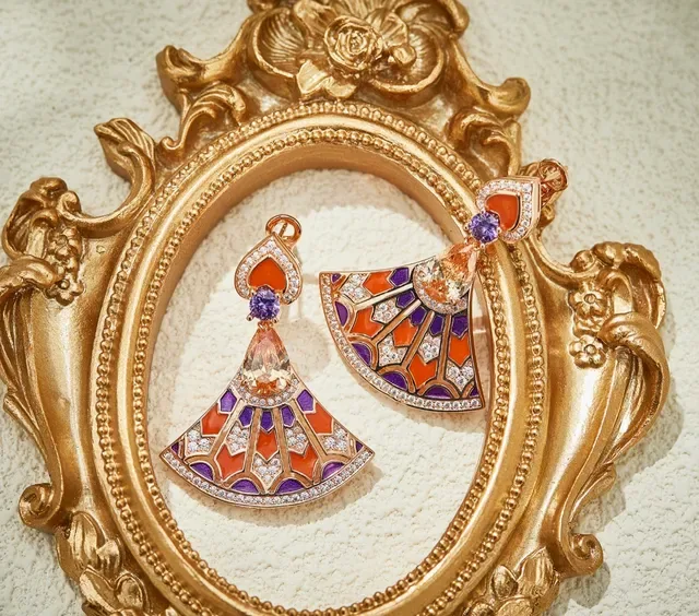 Fan-Shaped Enamel and Gemstone Drop Earrings 6