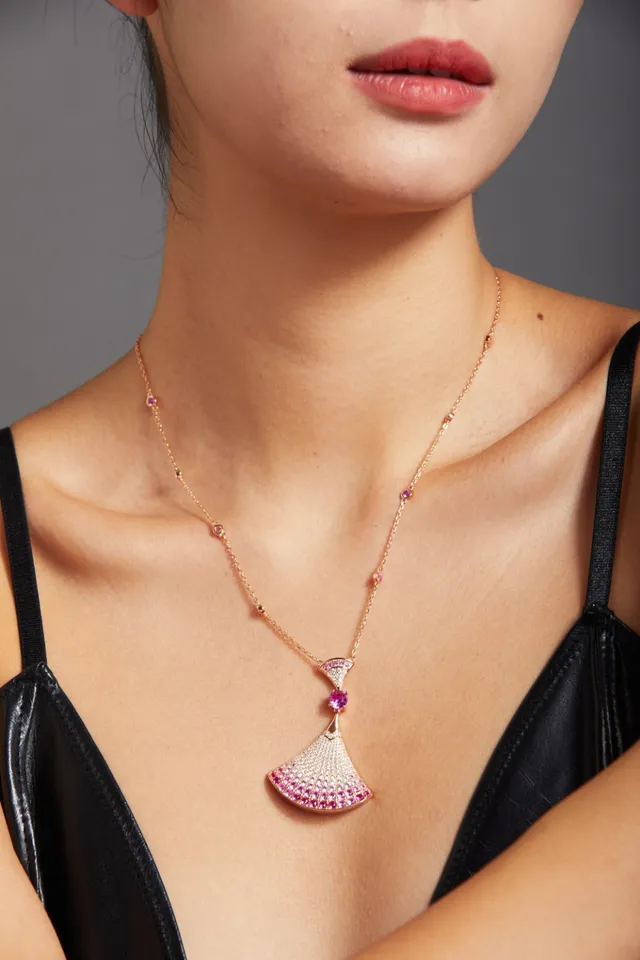 Fan-Shaped Pavé Gemstone Pendant Necklace 2