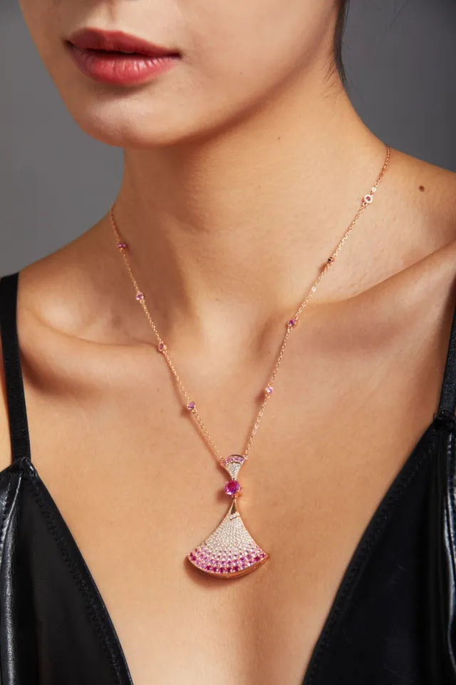 Fan-Shaped Pavé Gemstone Pendant Necklace 3