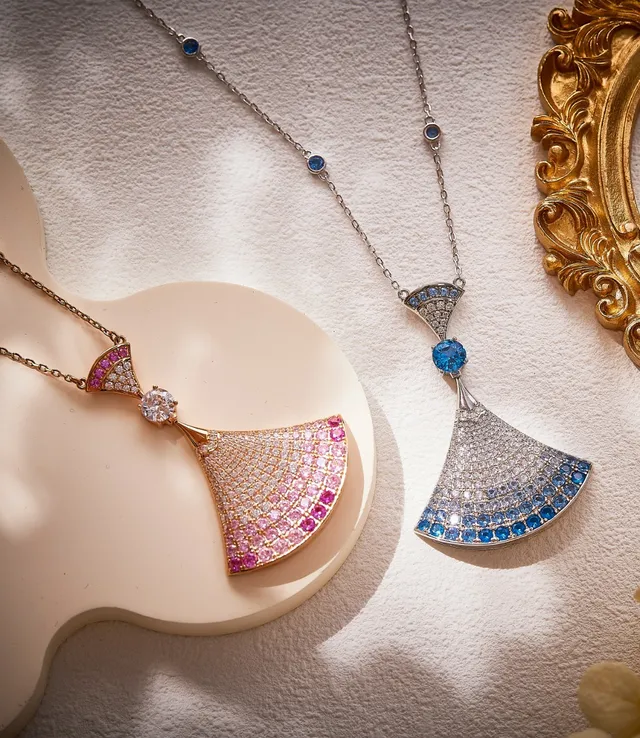 Fan-Shaped Pavé Gemstone Pendant Necklace 4