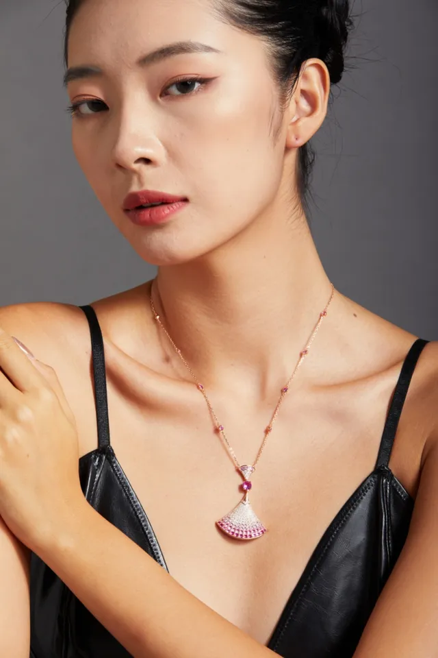 Fan-Shaped Pavé Gemstone Pendant Necklace 5