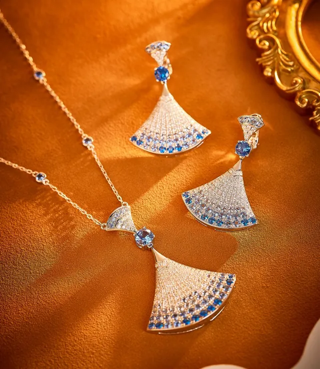 Fan-Shaped Pavé Gemstone Pendant Necklace 6
