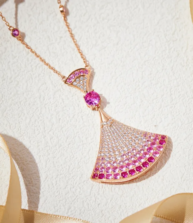 Fan-Shaped Pavé Gemstone Pendant Necklace 7