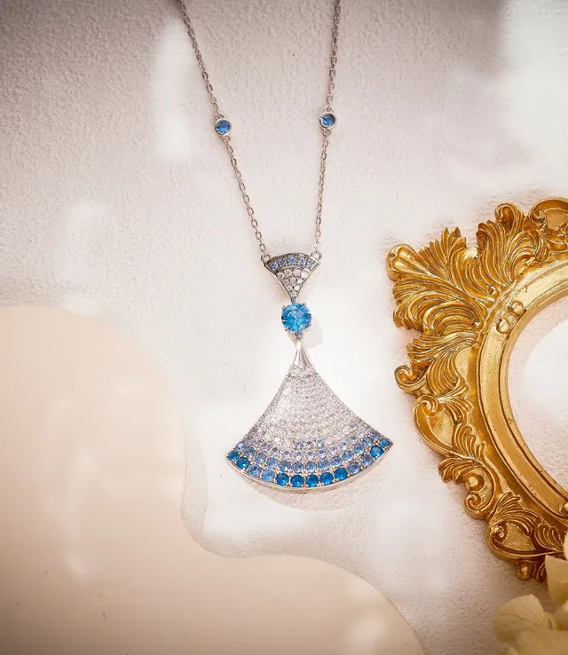 Fan-Shaped Pavé Gemstone Pendant Necklace 8