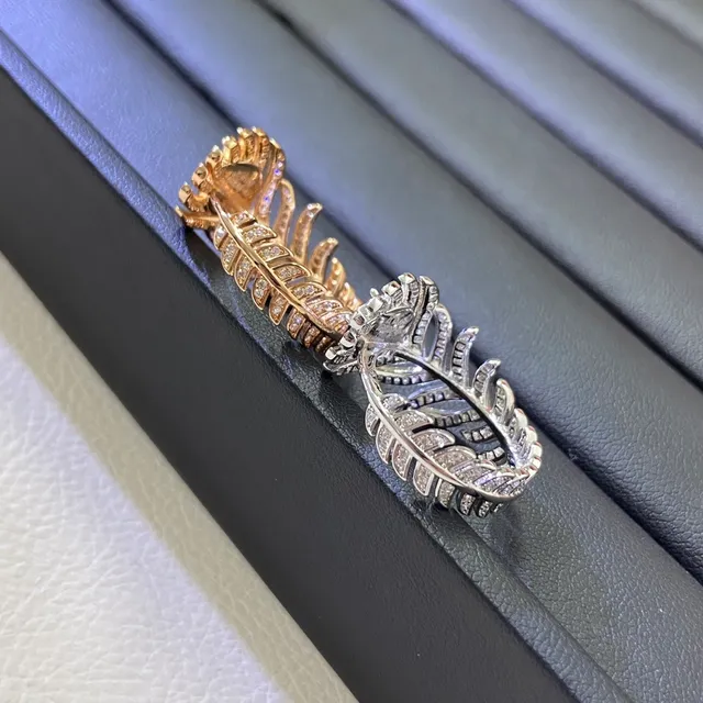 Feather Motif Pavé-Set Ring Gold Silver Ring 3