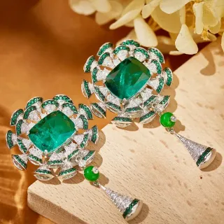 Floral-Halo Emerald-Cut Green and White Pavé Earrings