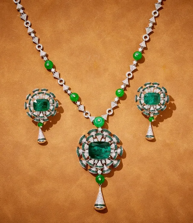 Floral-Halo Emerald-Cut Green and White Pavé Earrings 3